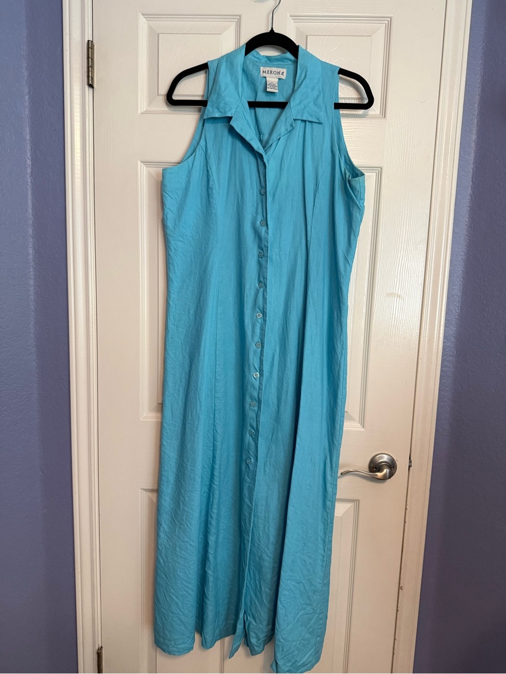 Merona Sleeveless Button-Front 100% Linen Maxi Dress in Aqua Blue